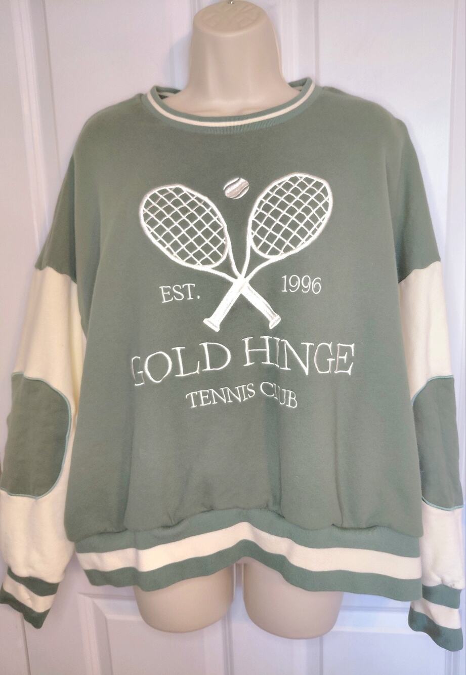 Gold Hinge GH Tennis Club Patch Oversized Sage Green Wide Arm Sweatshirt Size M